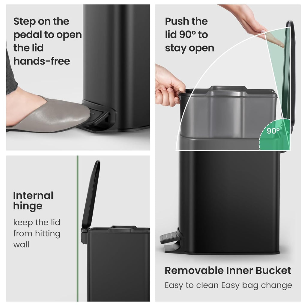 Small Bathroom Trash Can with Lid, 1.6 Gal, Soft Close, Matte Black | Step pedal soft close, Slim 5.9in fits narrow
