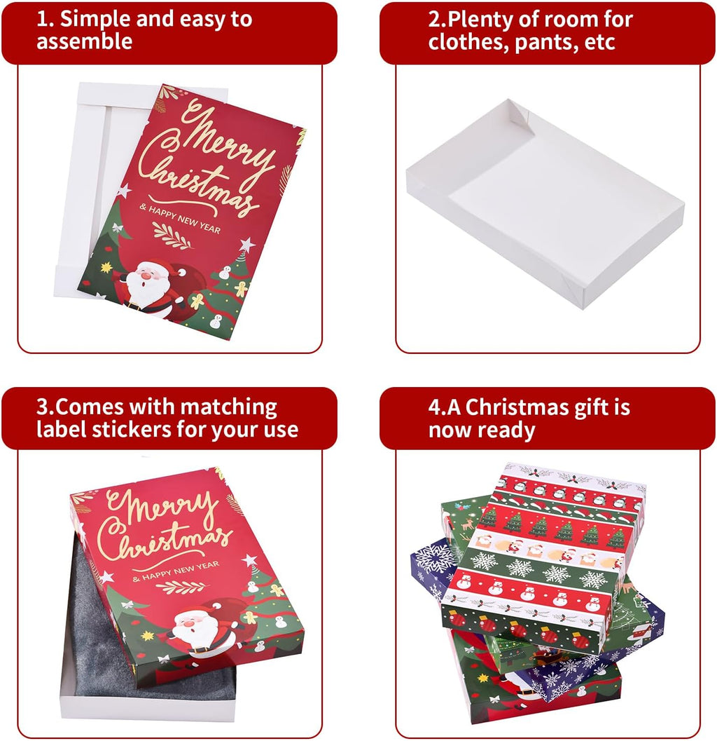 12 Pack Christmas Gift Boxes with Lids, Patterned Shirt Clothes Boxes(12 Clothing Gift Boxes, 4 Designs: 3 Pieces Per