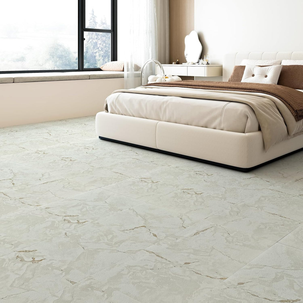 30-Pack Peel and Stick Floor Tiles, 12" x 12", White Grey Vein Marble