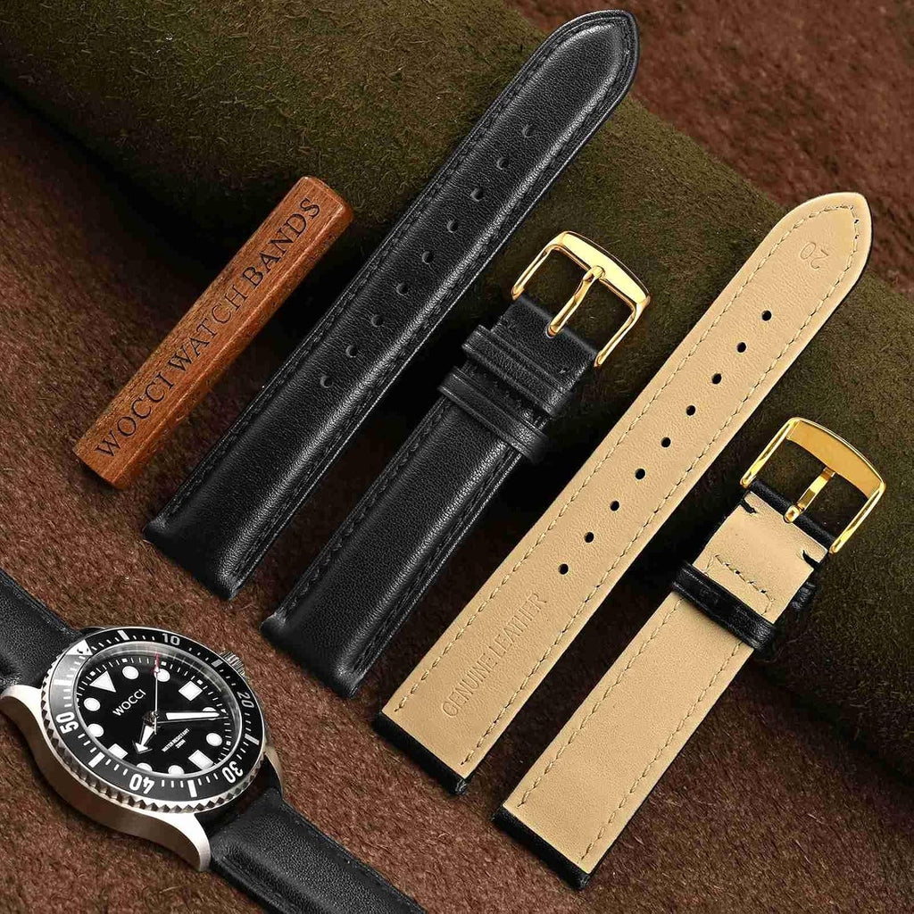 20mm Vintage Leather Watch Band for Men and Women, Gold Buckle (Black)