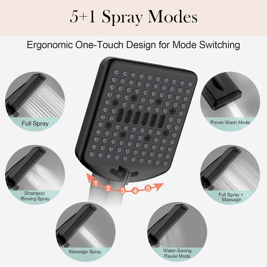 Filtered Shower Head with Handheld Matte Black - High Pressure 6 Modes, 120 Anti-clog Nozzles, Detachable Showerhead