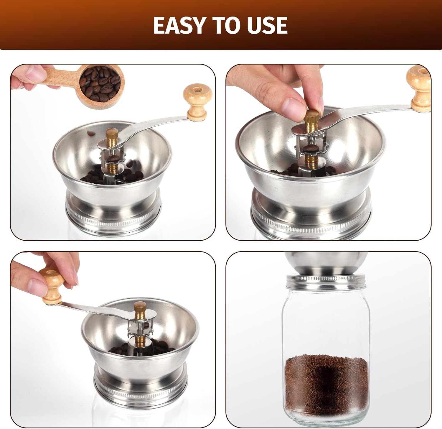 Mason Jar Coffee Grinder, Manual Coffee Grinder Lid Attachment for Wide Mouth Mason Jars, Stainless Steel Mason Jar