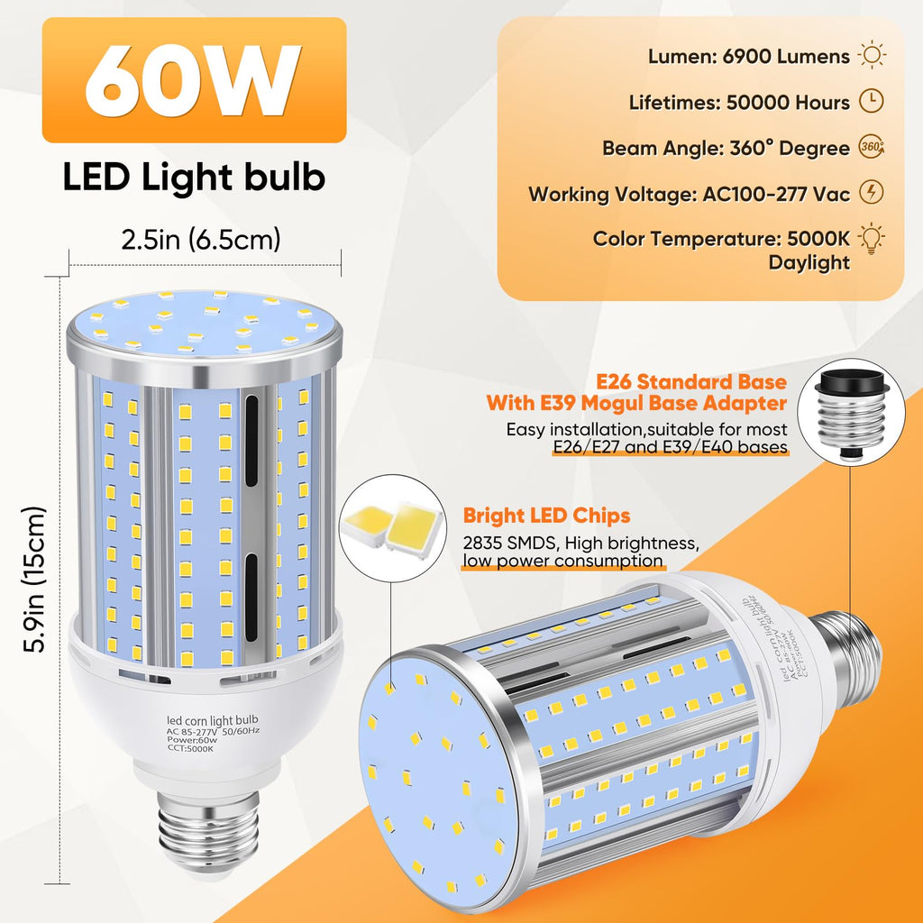 60W LED Corn Light Bulb(6 Pack),(600 Watt Equivalent) Fanless E26/E39 Medium/Large Mogul Base LED Cob Lamp 5000K