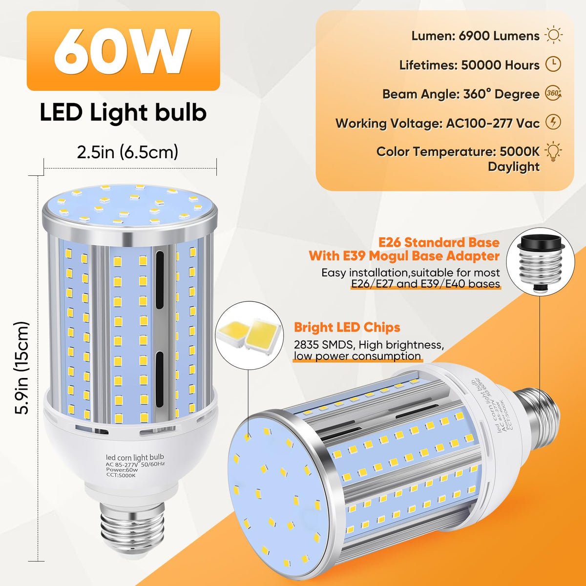 60W LED Corn Light Bulb(6 Pack),(600 Watt Equivalent) Fanless E26/E39 Medium/Large Mogul Base LED Cob Lamp 5000K