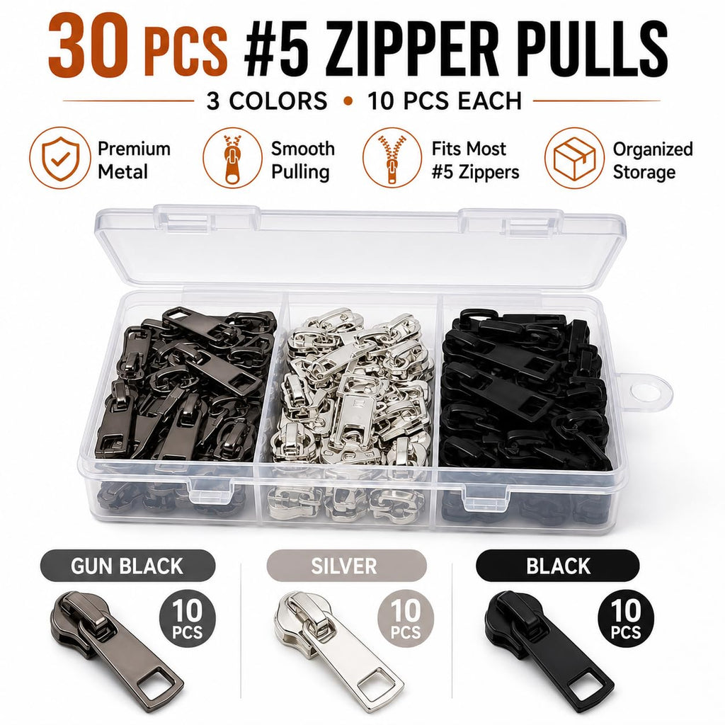 #5 Zipper Repair Kit, 30 Pcs Metal Zipper Pull Replacement, Heavy Duty