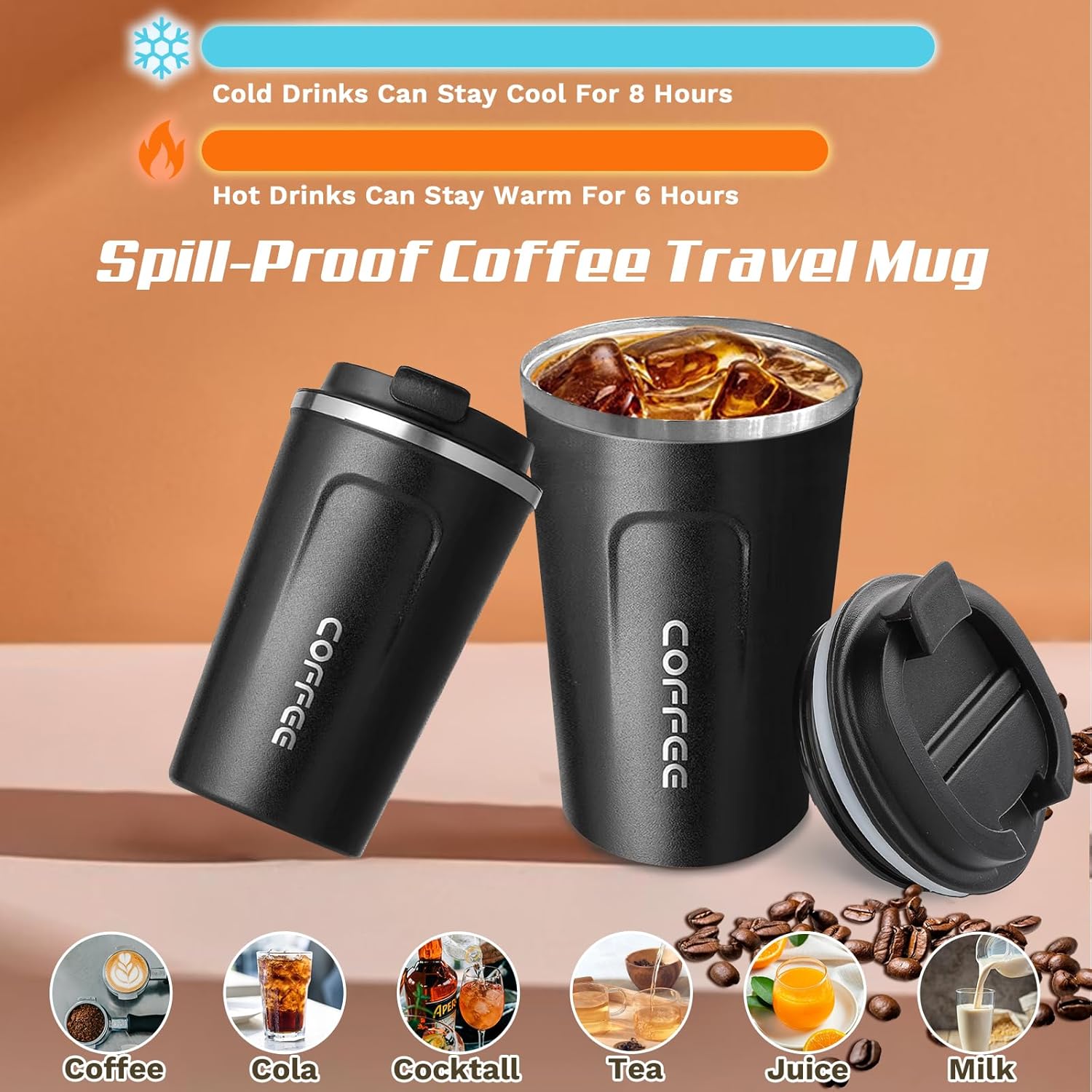 Travel coffee mugs leak-proof, reusable coffee cups with lids, stainless steel vacuum insulated coffee tumblers