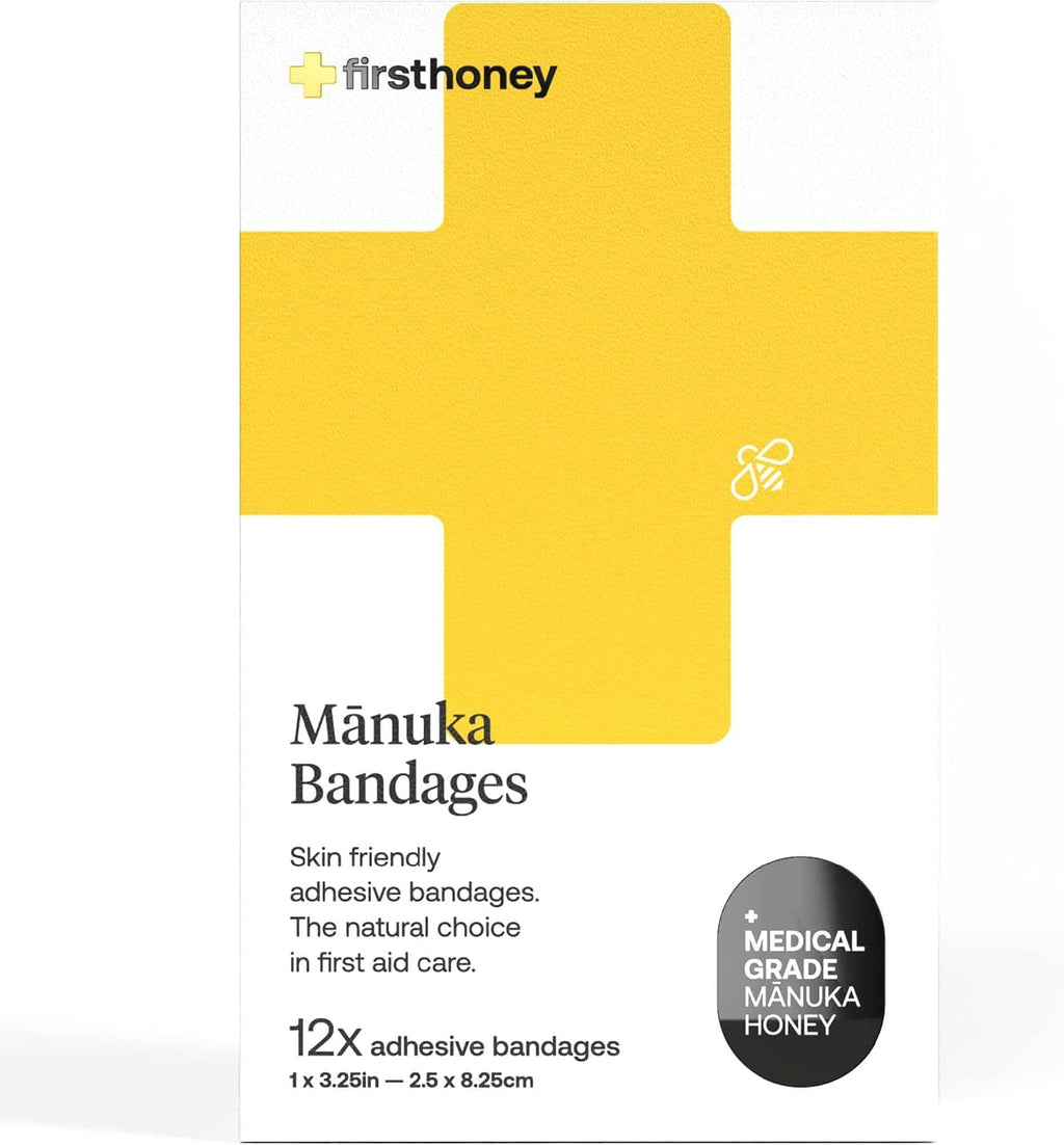 Manuka Honey Adhesive Bandages 12 Pack | Latex Free, Antibiotic Free Wound Dressing | Medical Grade Honey Adhesive