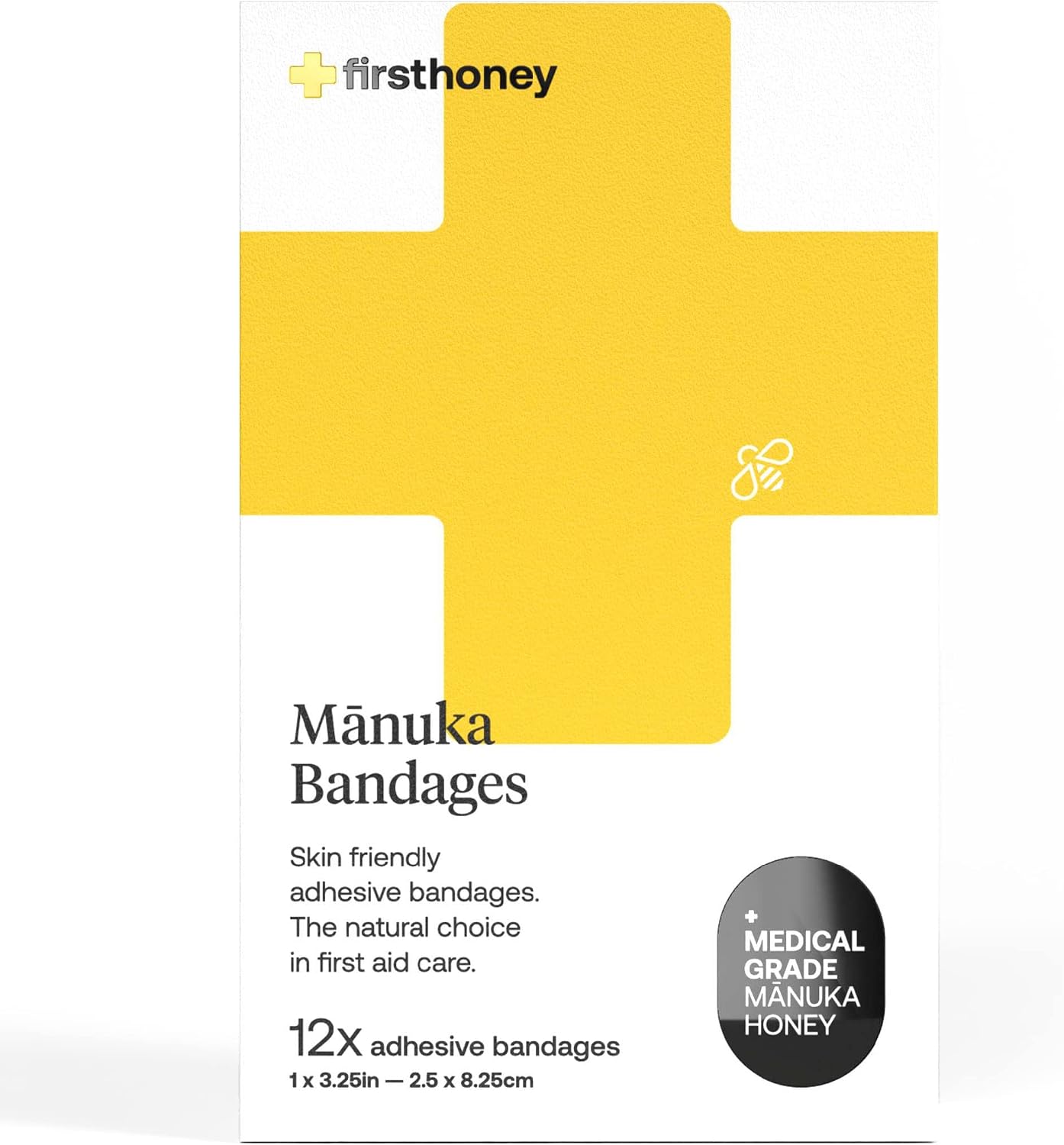 Manuka Honey Adhesive Bandages 12 Pack | Latex Free, Antibiotic Free Wound Dressing | Medical Grade Honey Adhesive