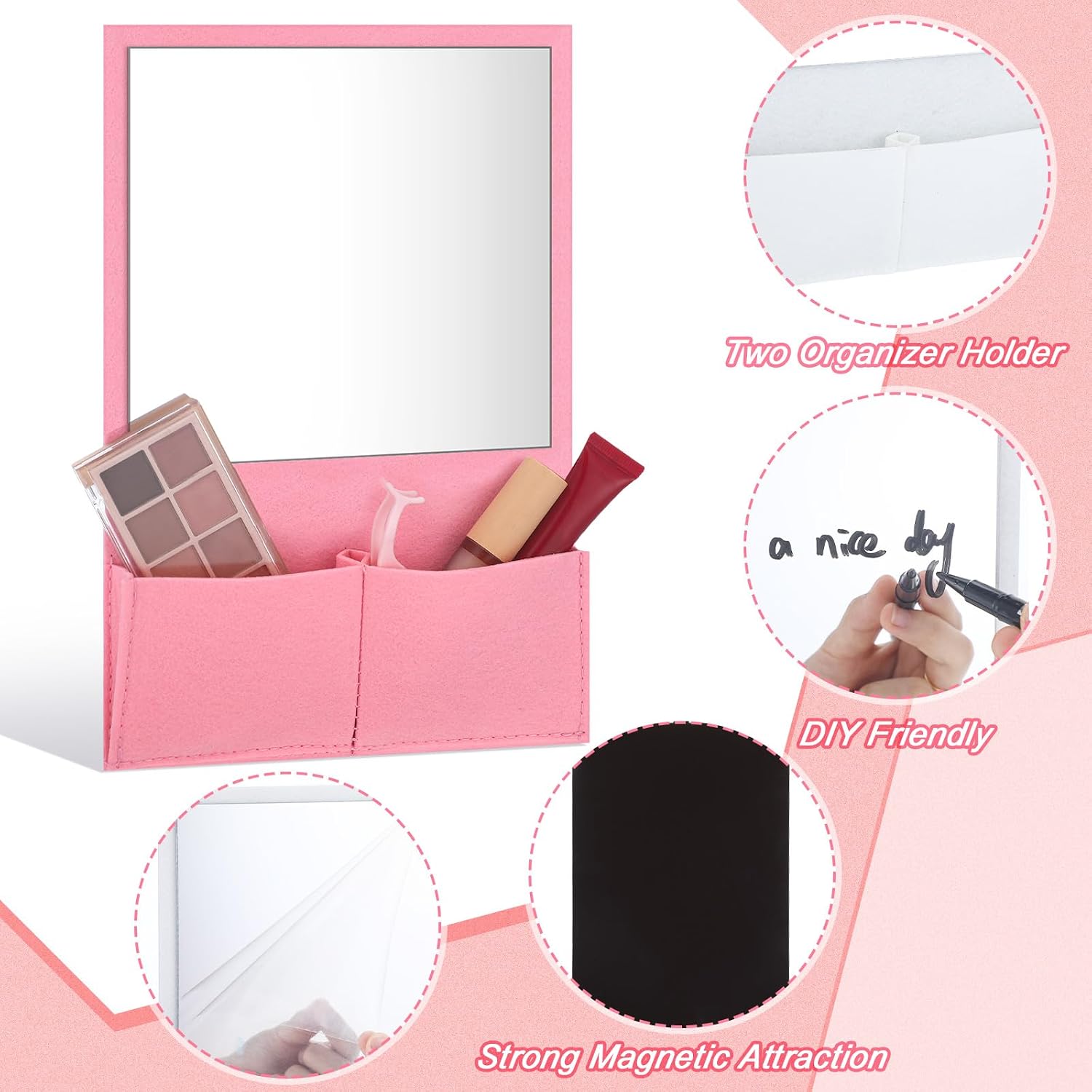 Magnetic Locker Mirror 7 x 6.7 Inch Magnet Mirror with Holder Bag Locker Organizer Accessories Decorations for Office