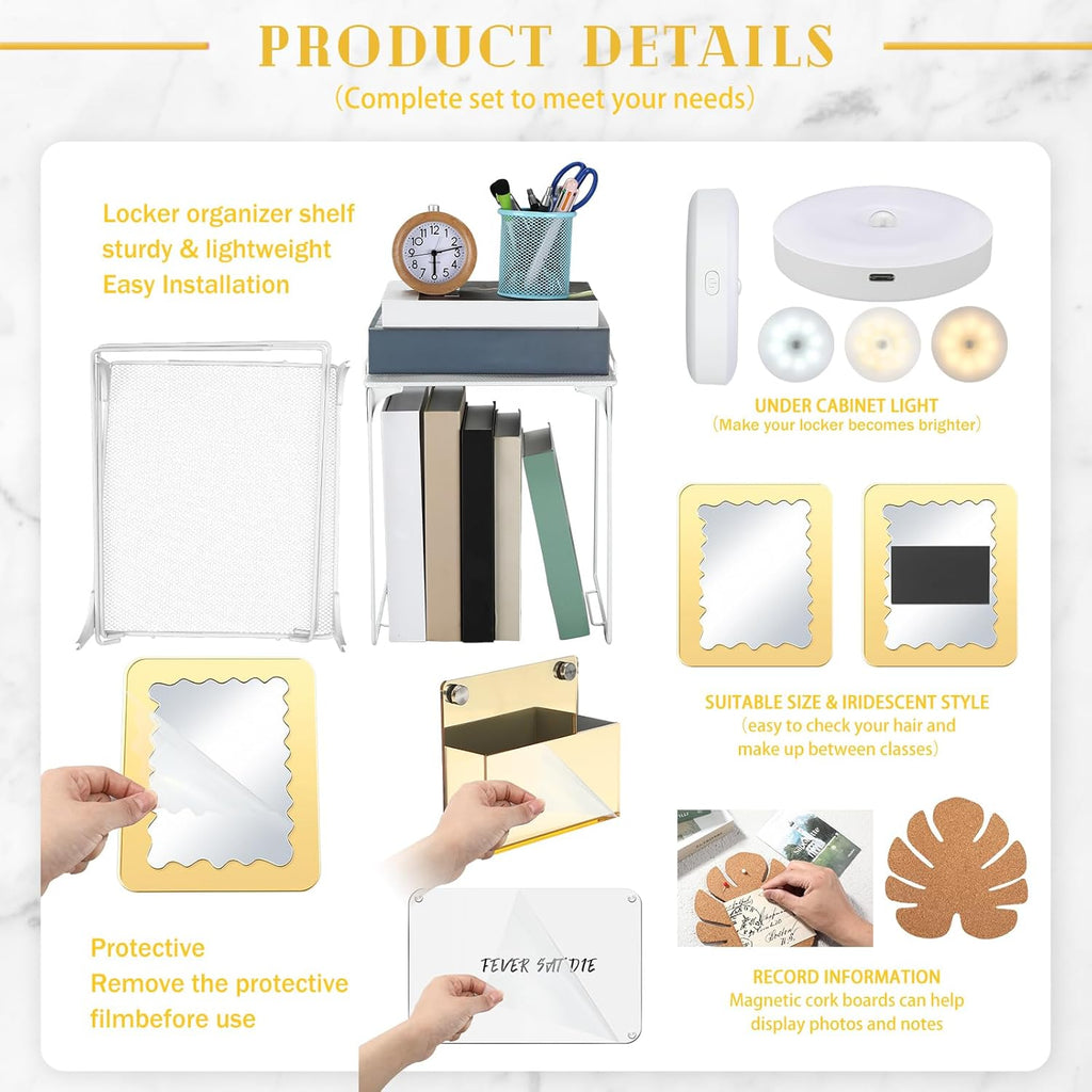 25 Pcs Locker Accessories, Locker Organizer First Day of School Essentials with Shelf, Wallpaper, Mirror, LED