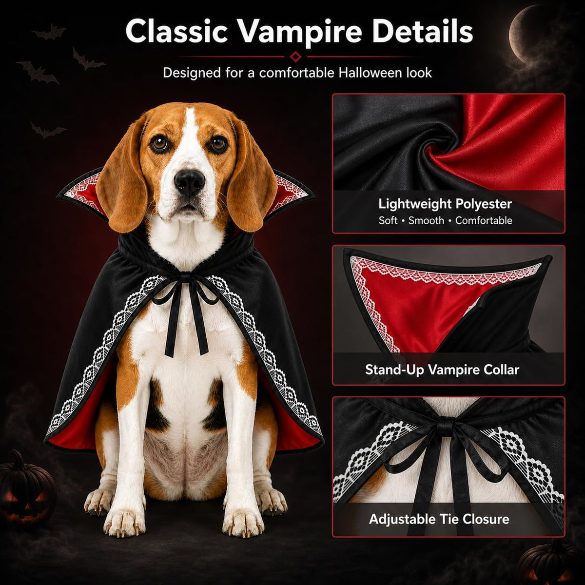 Halloween Dog Vampire Costume, Dog Halloween Costumes for Large Dogs, Dracula Dog Costume with Stand-Up Collar, Red