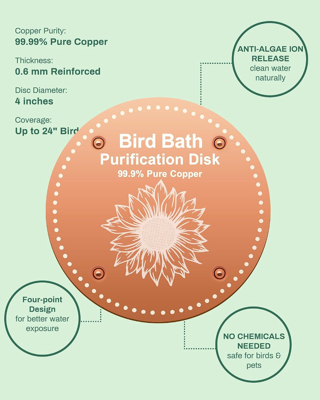 Bird Bath Purification Disk Pure Copper Outside Winter Solar Power Birdbath Hummingbird Bee Water Fountain Solar