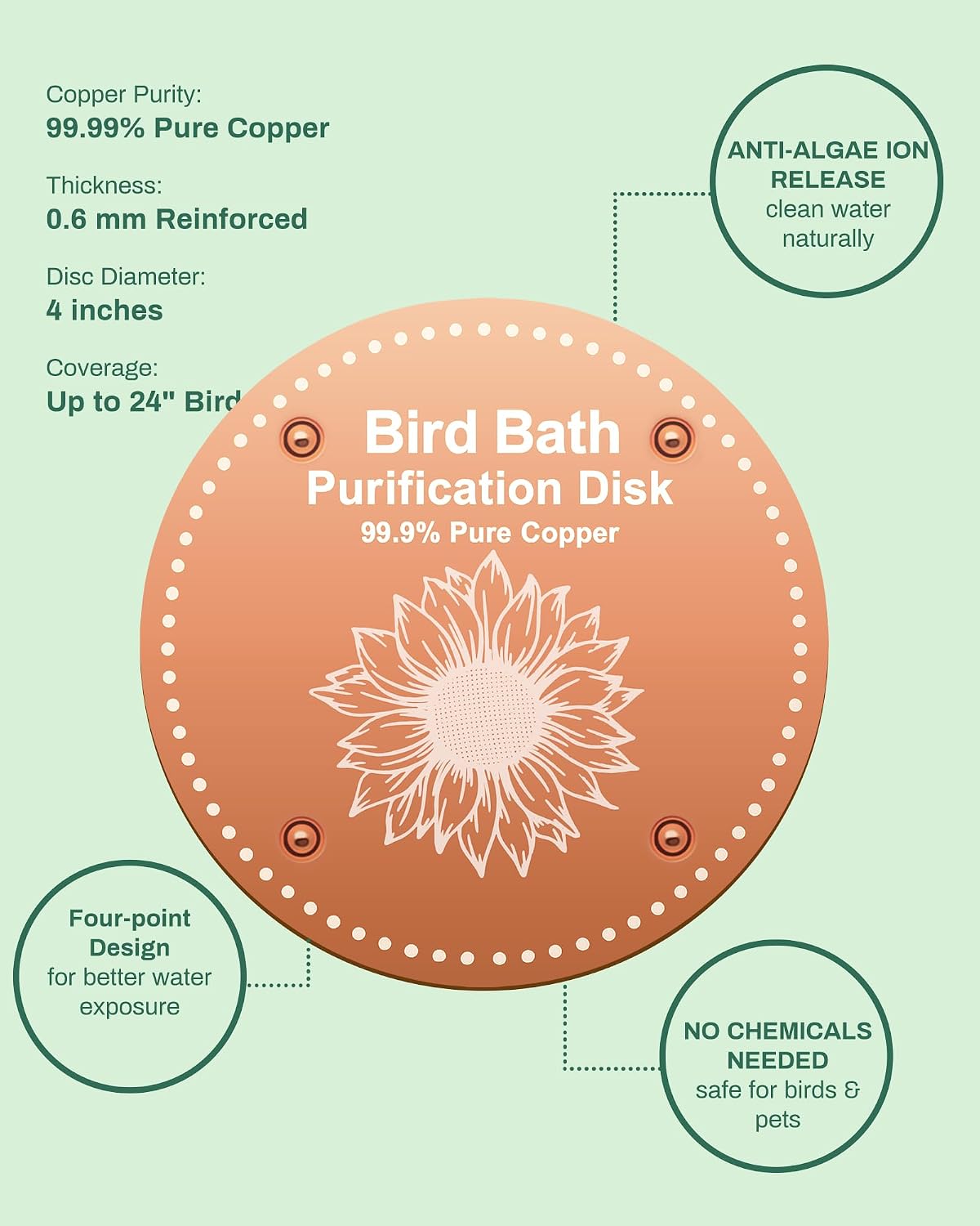 Bird Bath Purification Disk Pure Copper Outside Winter Solar Power Birdbath Hummingbird Bee Water Fountain Solar