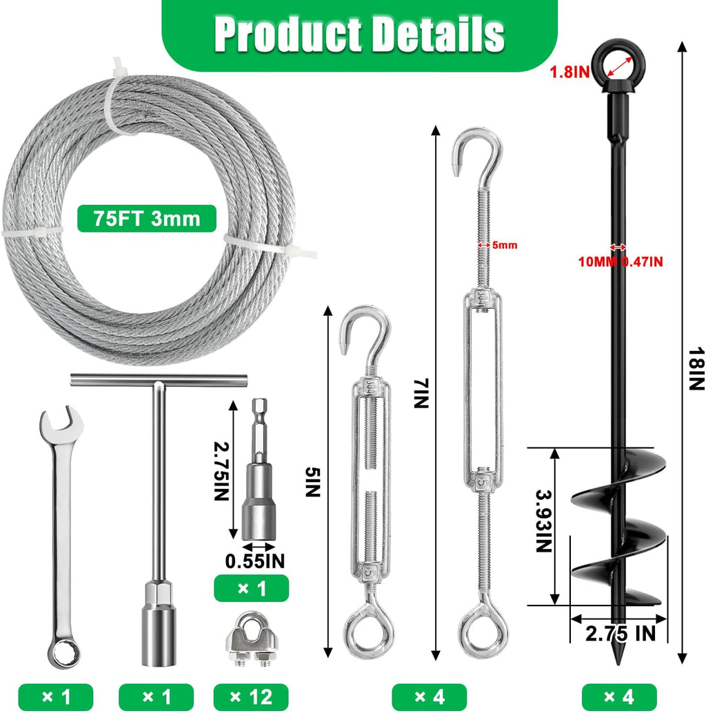 ‌L-KHYFU 4 Pack 18" Ground Anchors & Shed Anchor Kit with 1/8" Galvanized Cable & Turnbuckles, Heavy Duty Earth