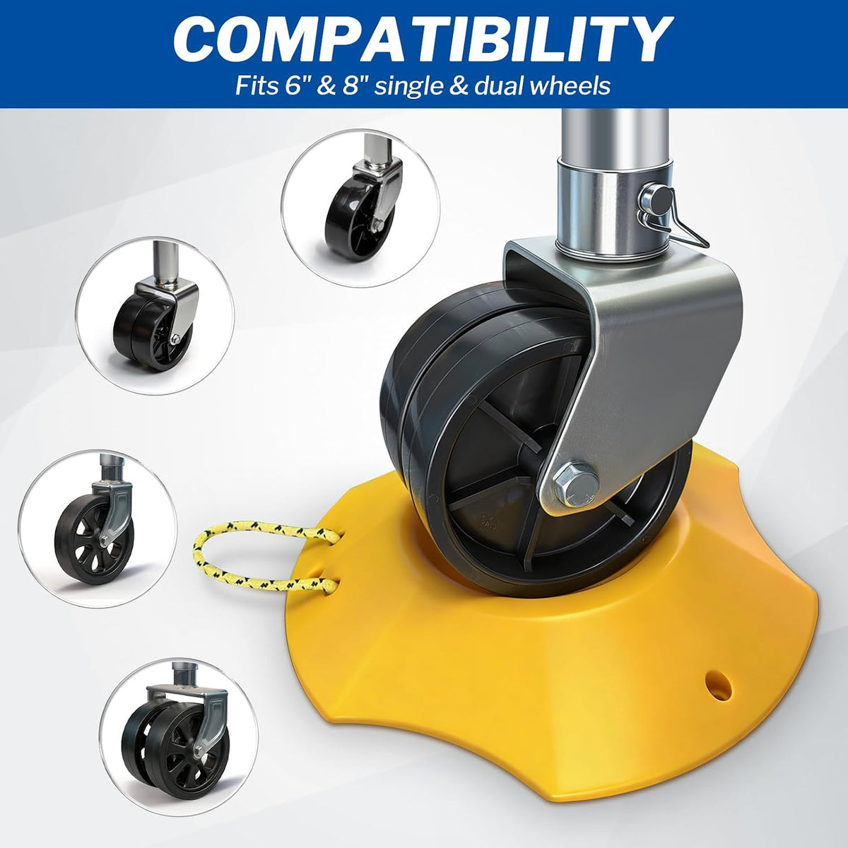 Trailer Wheel Dock with Rope, Tongue Jack Wheel Chock Compatible with 6" & 8" Single/Dual Wheels, Trailer Wheel Stop