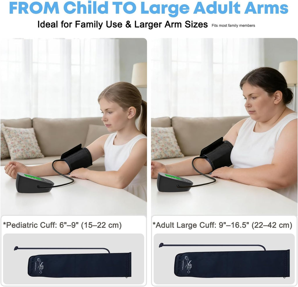 Blood Pressure Monitor for Home Use, Upper Arm Wide Range Cuff Fits Pediatric to Large Adult, Easy to Use Accurate