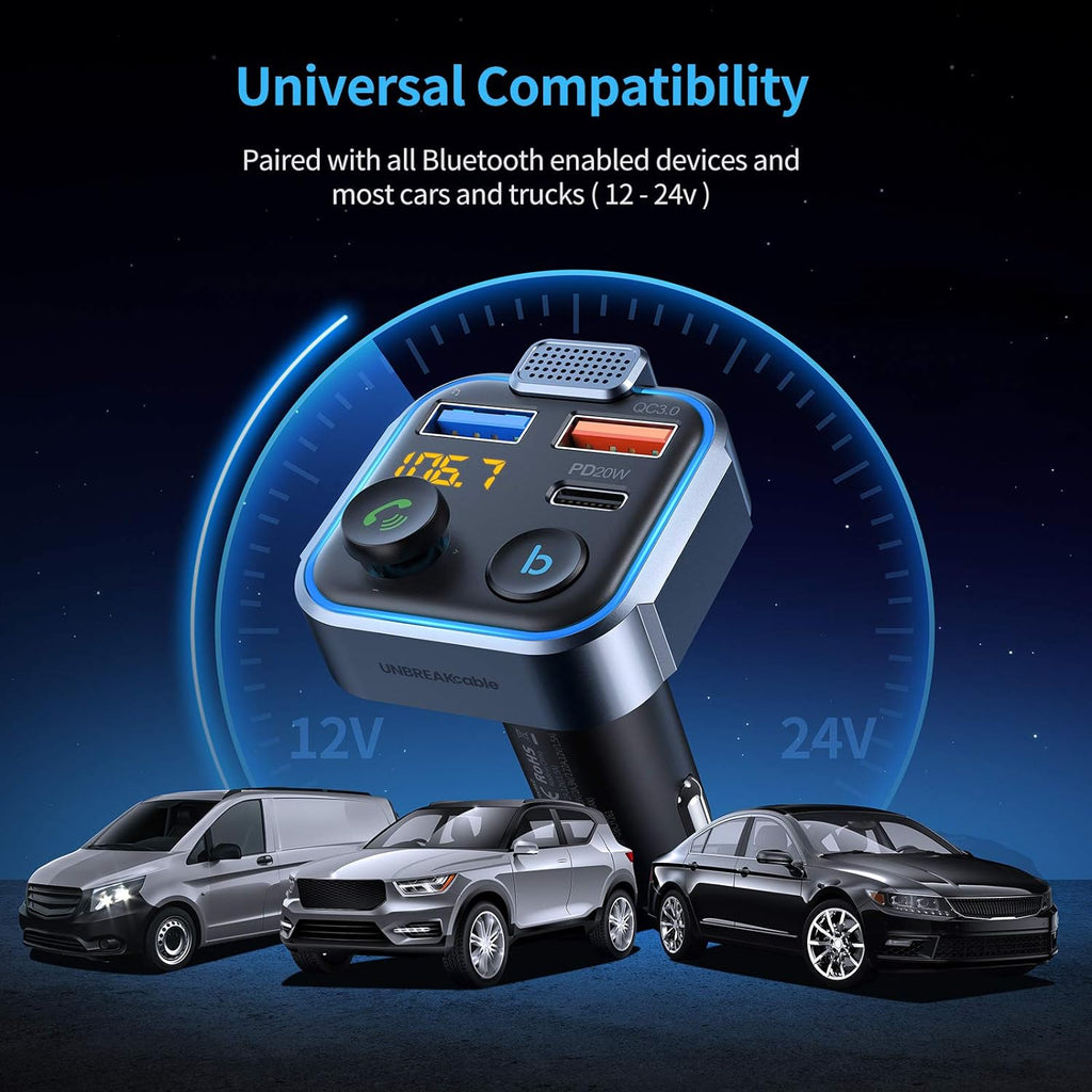 Bluetooth 5.3 FM Transmitter for Car Radio Adapter Charger | PD 20W and QC 3.0 Fast Charge, HiFi Bass Sound, Strong