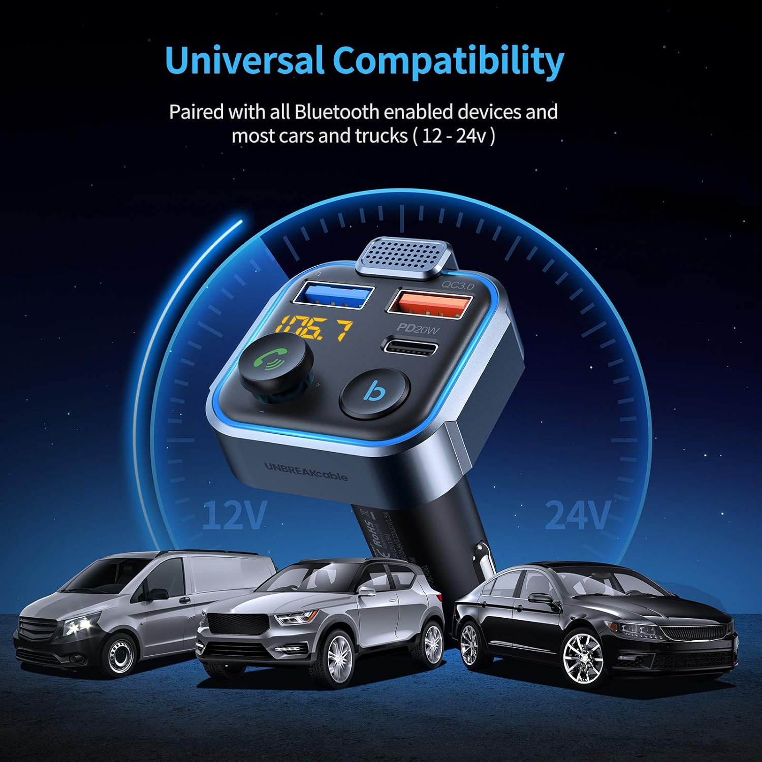 Bluetooth 5.3 FM Transmitter for Car Radio Adapter Charger | PD 20W and QC 3.0 Fast Charge, HiFi Bass Sound, Strong