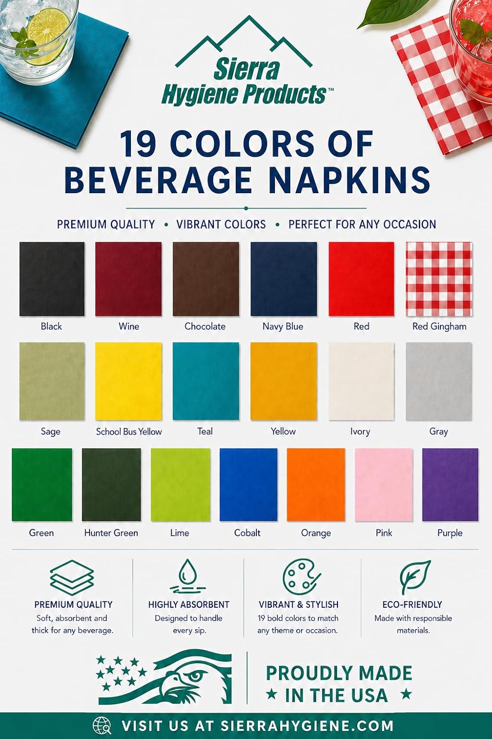 Sierra Touch 1,000 Count 2-Ply Beverage Napkins, USA (Black)