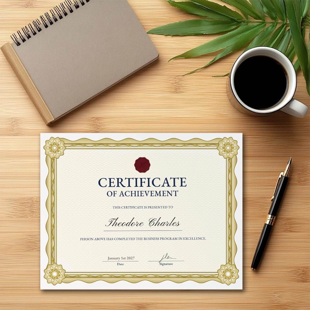 Certificate Paper with Gold Border, 50 Sheets, 8.5 x 11 Inch, 140 GSM | Thick Letter Size Certificate Paper for