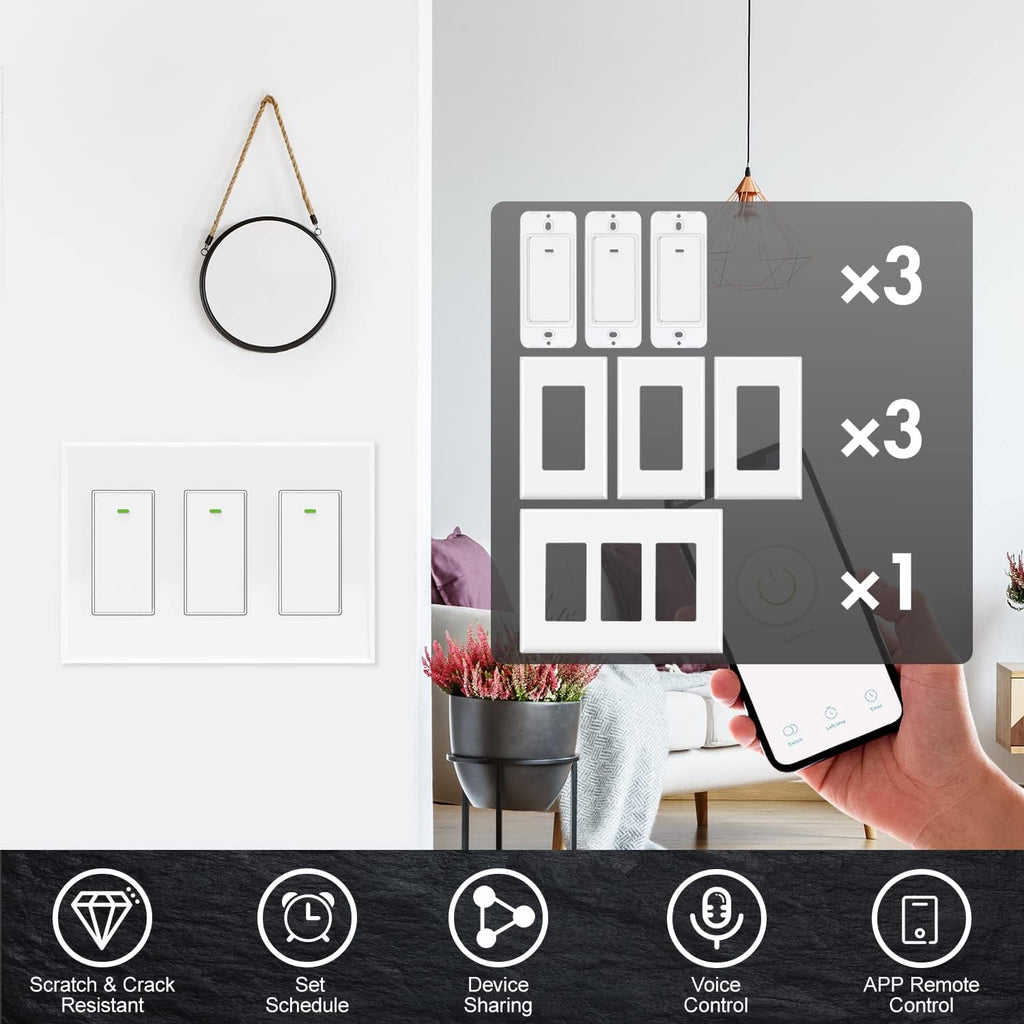 Smart Switch 3 Gang Alexa Smart Switch, 2.4Ghz in-Wall Smart Switch WiFi Light Switch Compatible with Alexa and