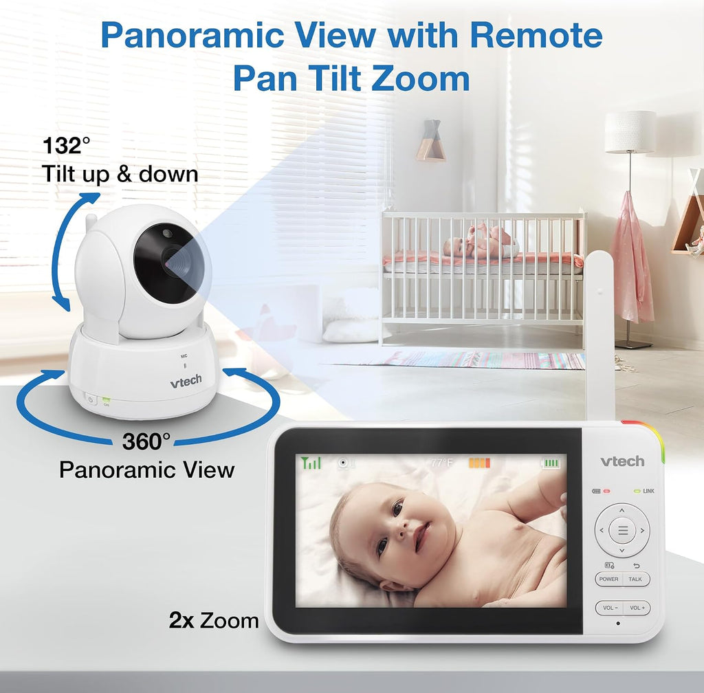 Baby Monitor No WiFi, 5" Screen & Remote Pan-Tilt-Zoom for Newborns – Hack-Proof, 17Hr Battery, 1000ft Range, Auto