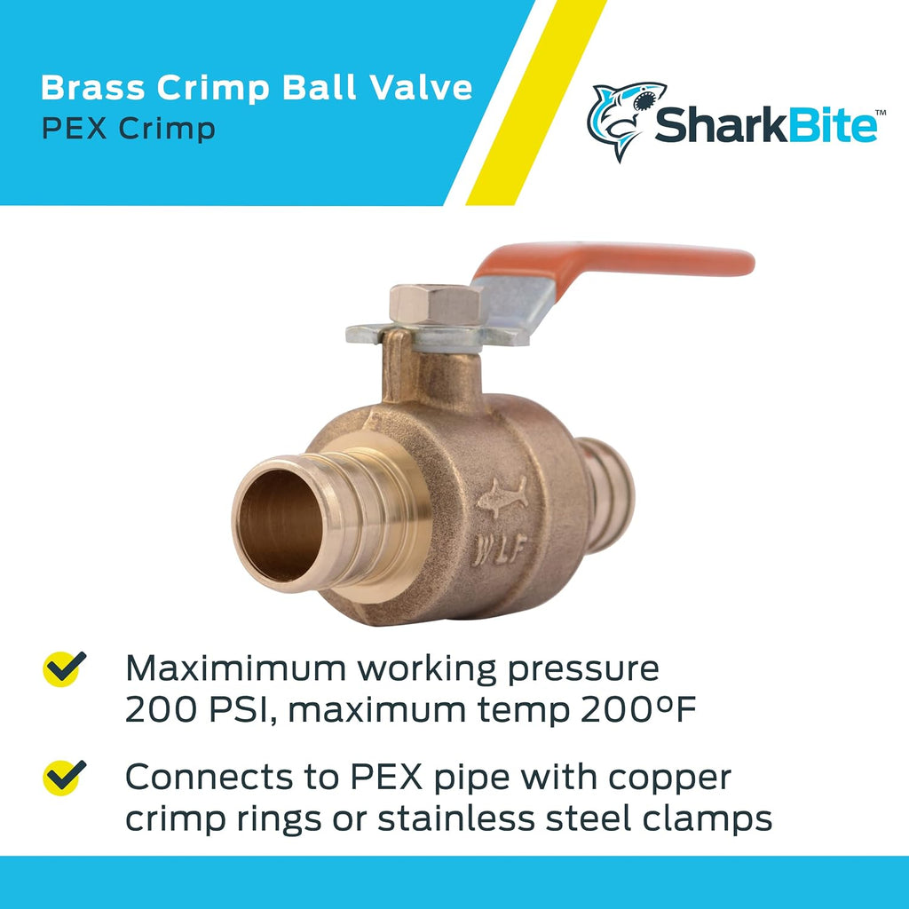 SharkBite 3/4 Inch Crimp Ball Valve, Brass Plumbing Fitting, PEX Pipe, PE-RT, 22462LFA