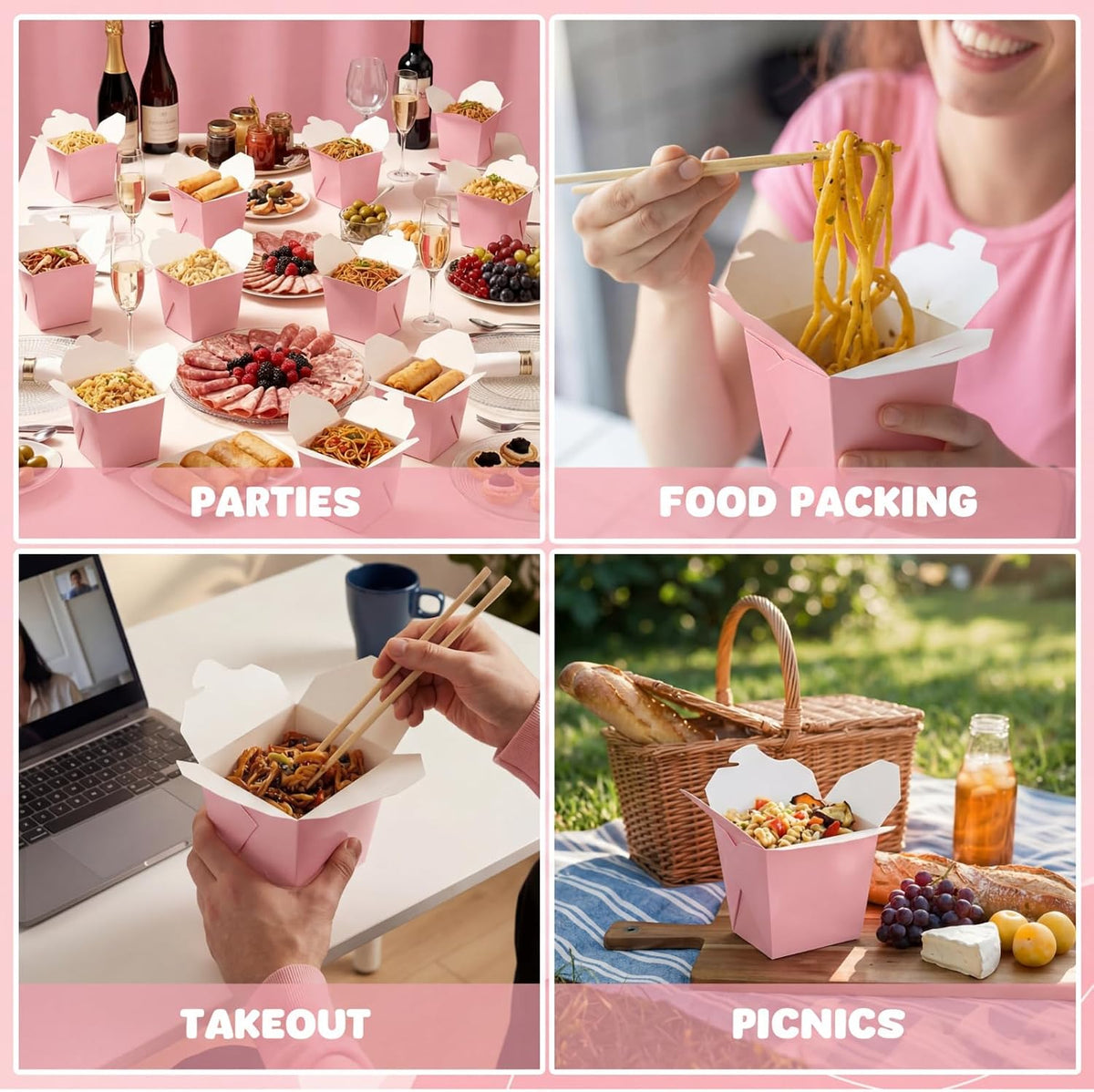 100 Pack 16 oz Chinese Take out Boxes Food Box, Pink