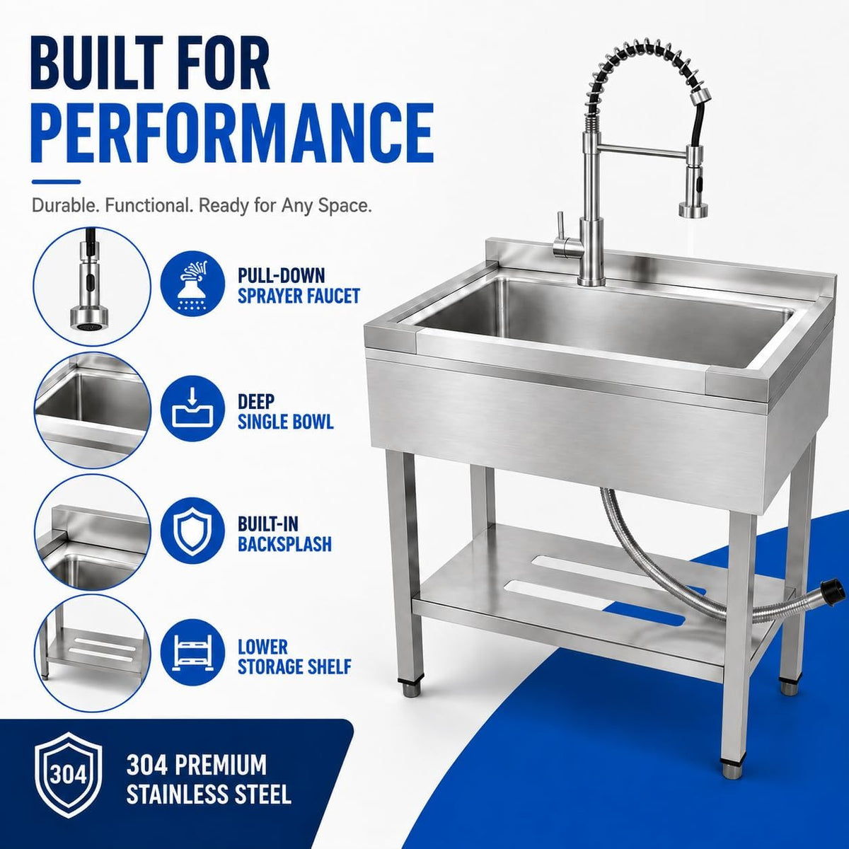 Utility Sink with Countertop and Drawer, Stainless Steel, Freestanding, Deep Single Bowl, Spring Pull-Down Faucet