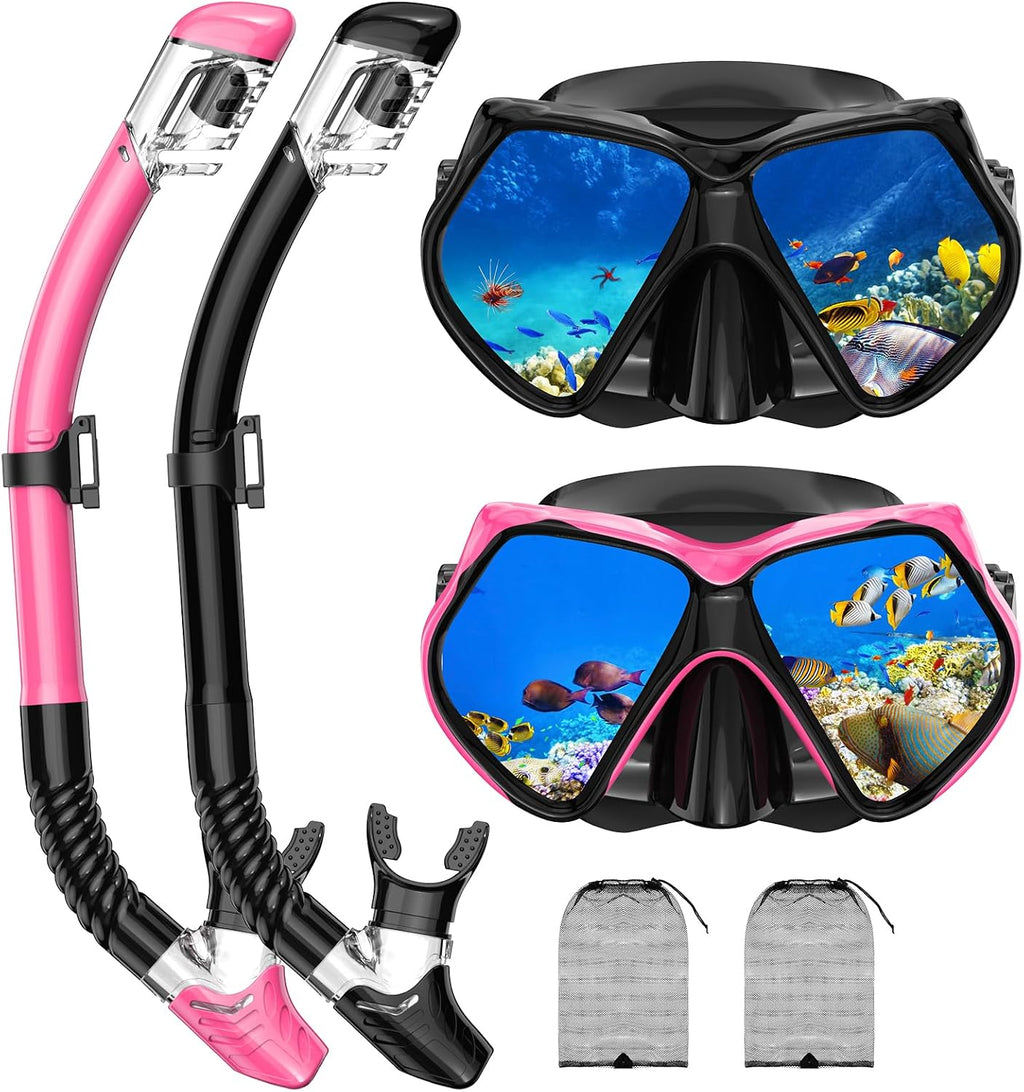 Snorkeling Gear for Adults, Snorkel Set Scuba Diving mask Dry-Top, Adult Swimming Goggles w/Nose Cover, HD Tempered