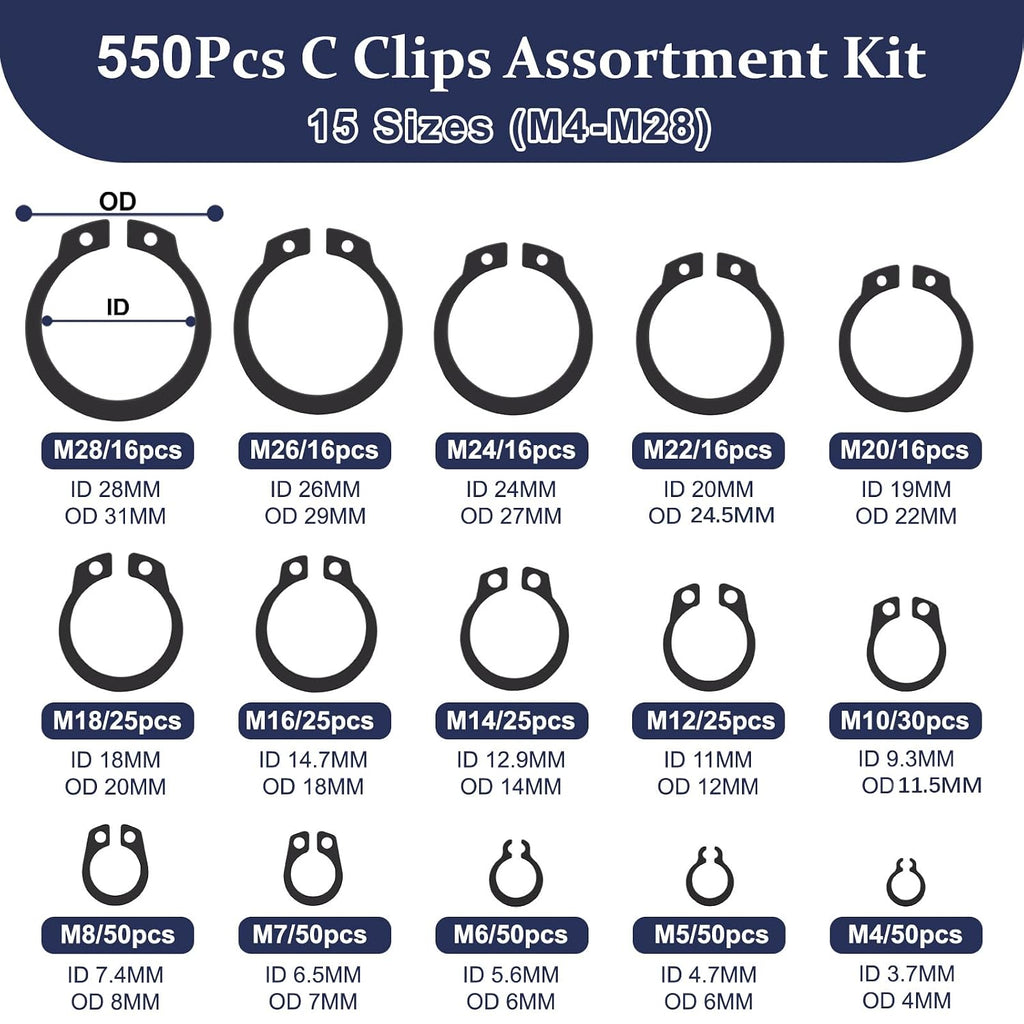 ZQZ C Clips Assortment Kit (M4-M28), 460 Pcs External Retaining Rings Set