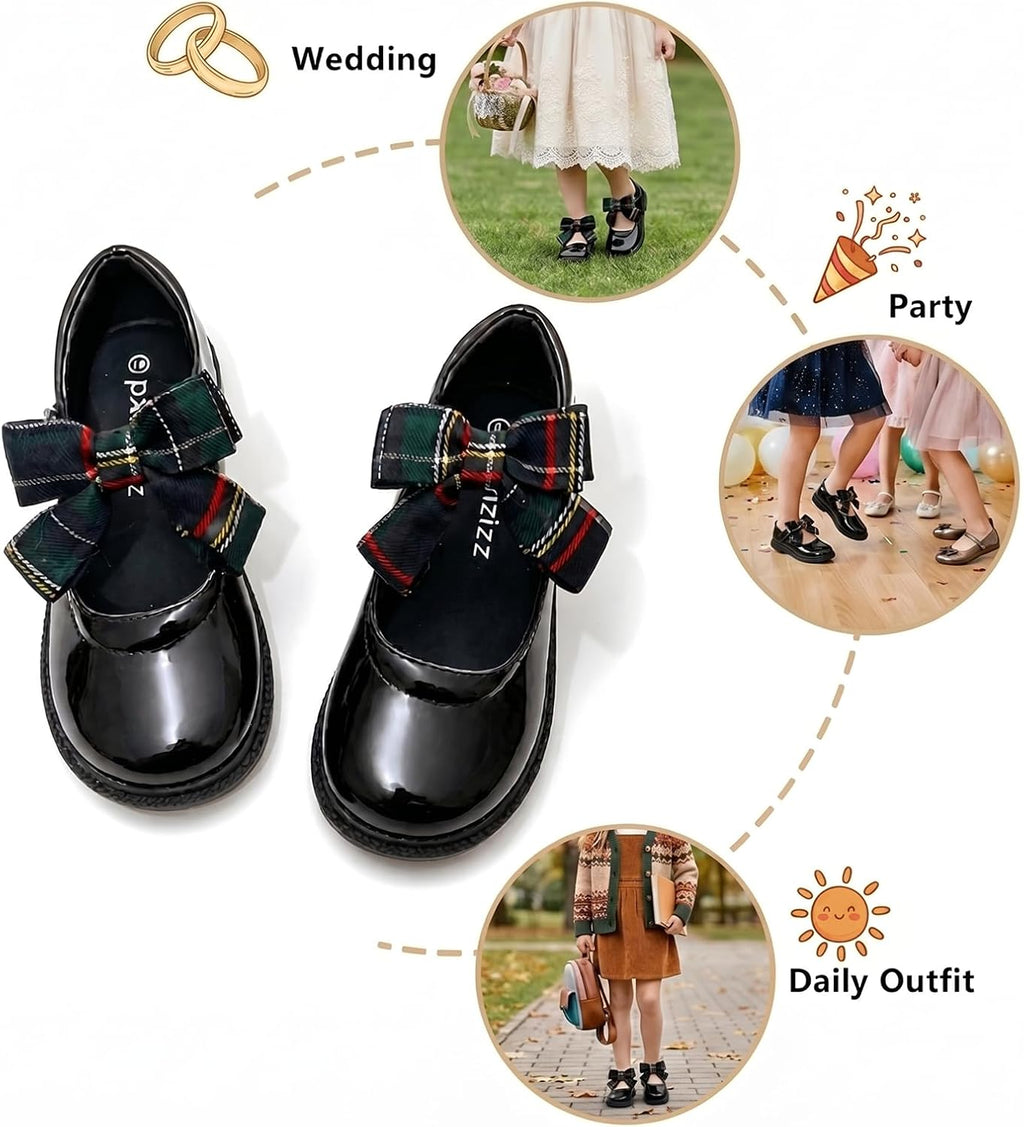 Girls Black Mary Jane Dress Shoes School Shoes | Bow Soft Insole Hook‑and‑Loop Strap Flats for Toddler Little & Big Girl