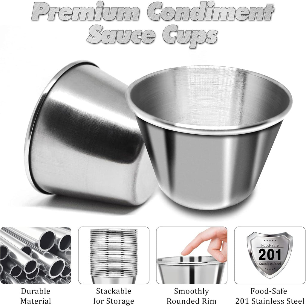 50 Pcs Metal Sauce Cups 2.5oz Ramekins, Stainless Steel Dipping Sauce Cups Metal Condiment Container Reusable Round