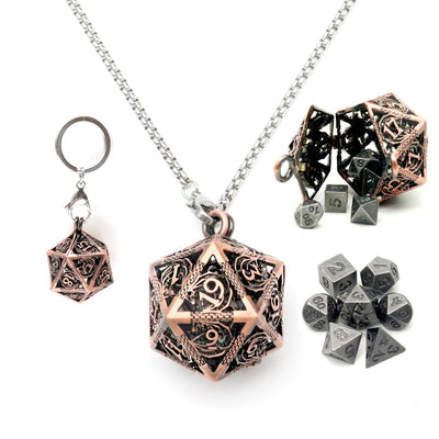 Mini Metal RPG Dice Set, D20 Hollow Cage Pendant Necklace & Keying