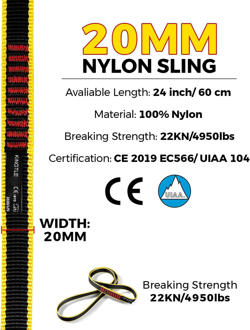 20mm Nylon Climbing Sling Runner 22kN / 4950lbf CE UIAA Certified | Rock Climbing Webbing Straps for Outdoor