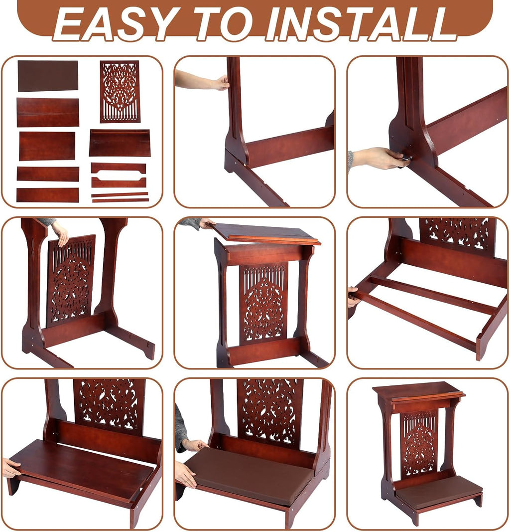 Tree of Life Church Prayer Bench Stool Wooden Padded Kneeler with Shelf and Cushion Prayer Kneeler for Home Church