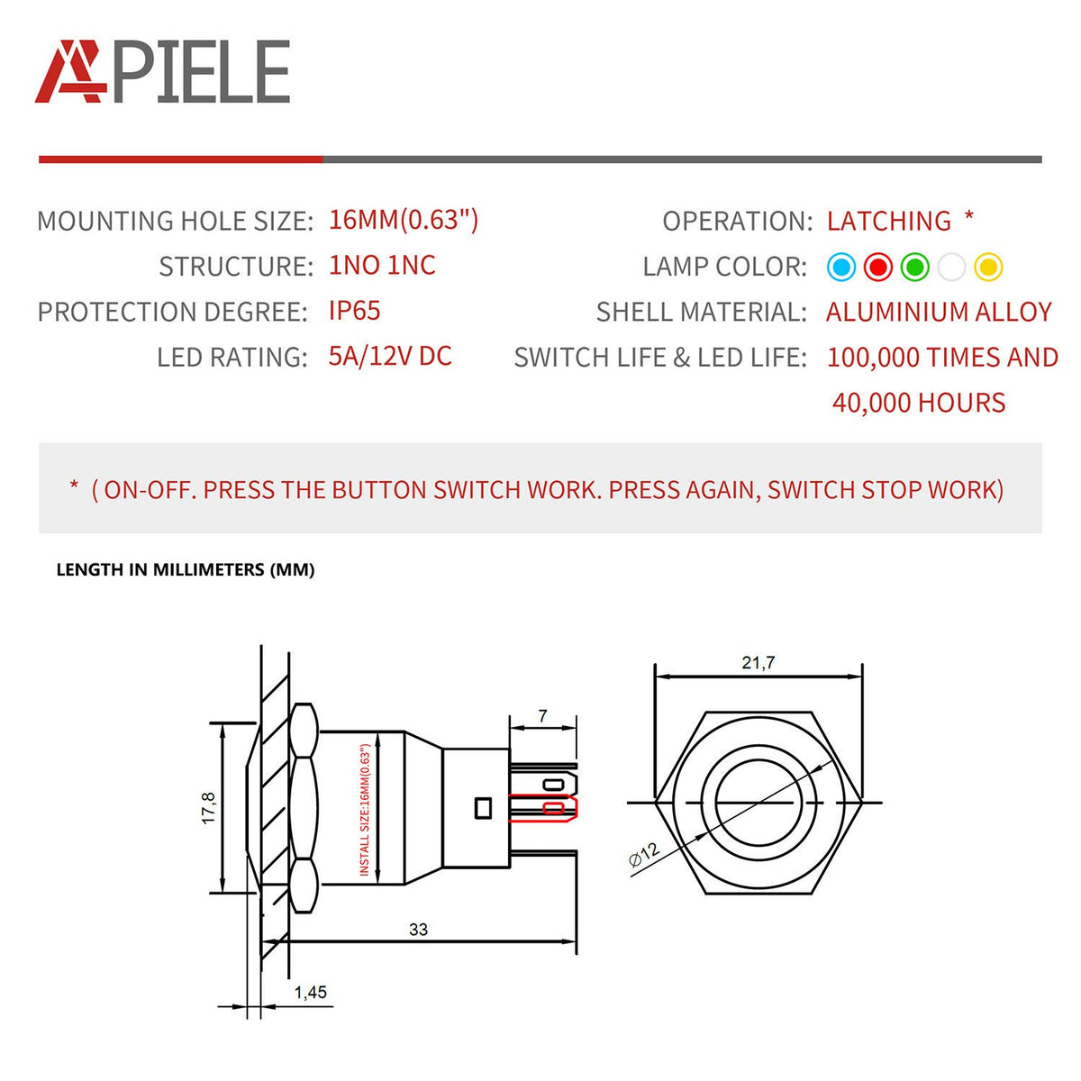 APIELE 16mm Latching Push Button Switch 12V DC On Off Black Shell with LED Angel Eye Head for 0.63" Mounting Hole with Wire Socket Plug Self-Locking (Red/Black Shell)