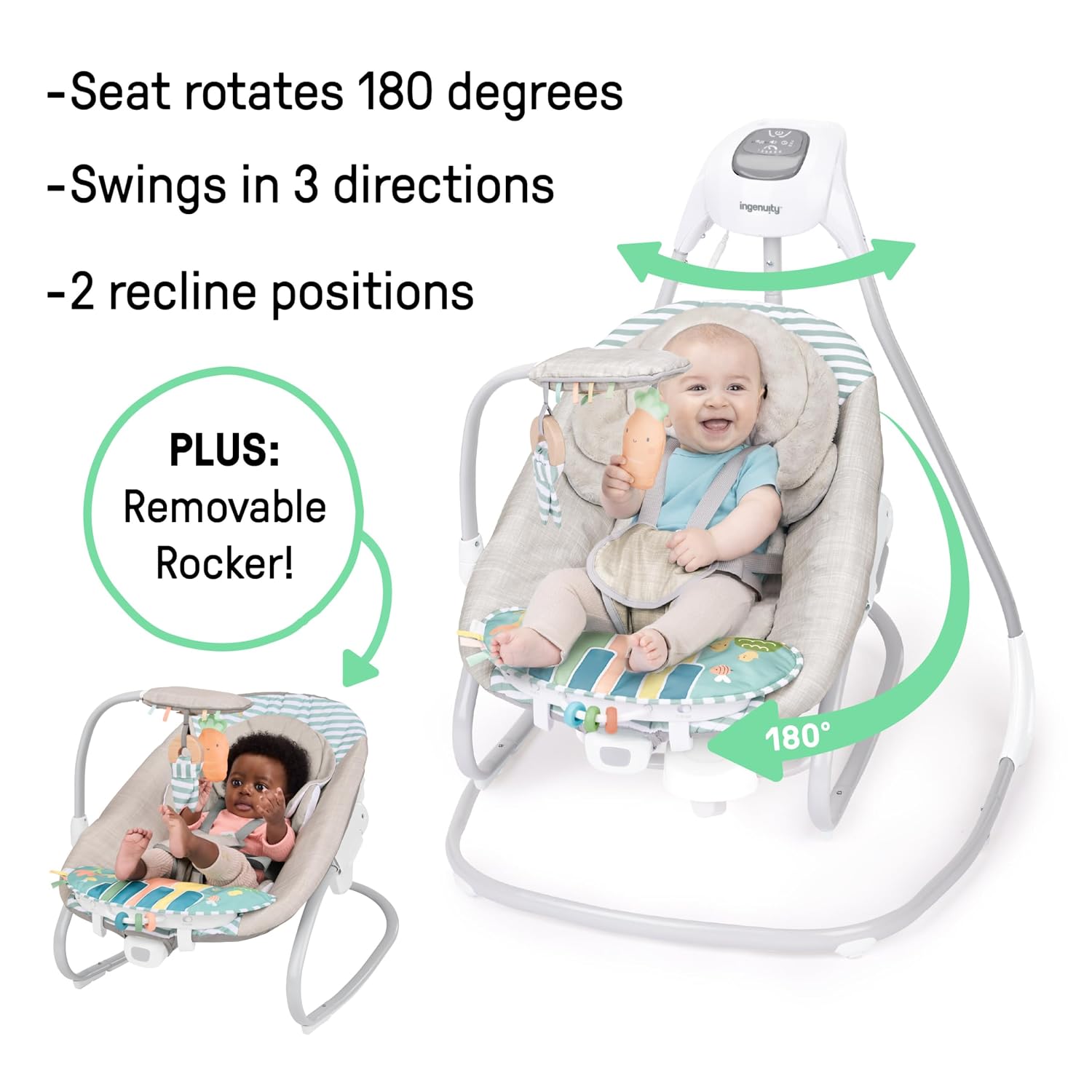 SimpleComfort Piano Playtime 4-in-1 Baby Swing & Rocker, Soothes & Grows with Baby, Rotating Seat Swings in 3