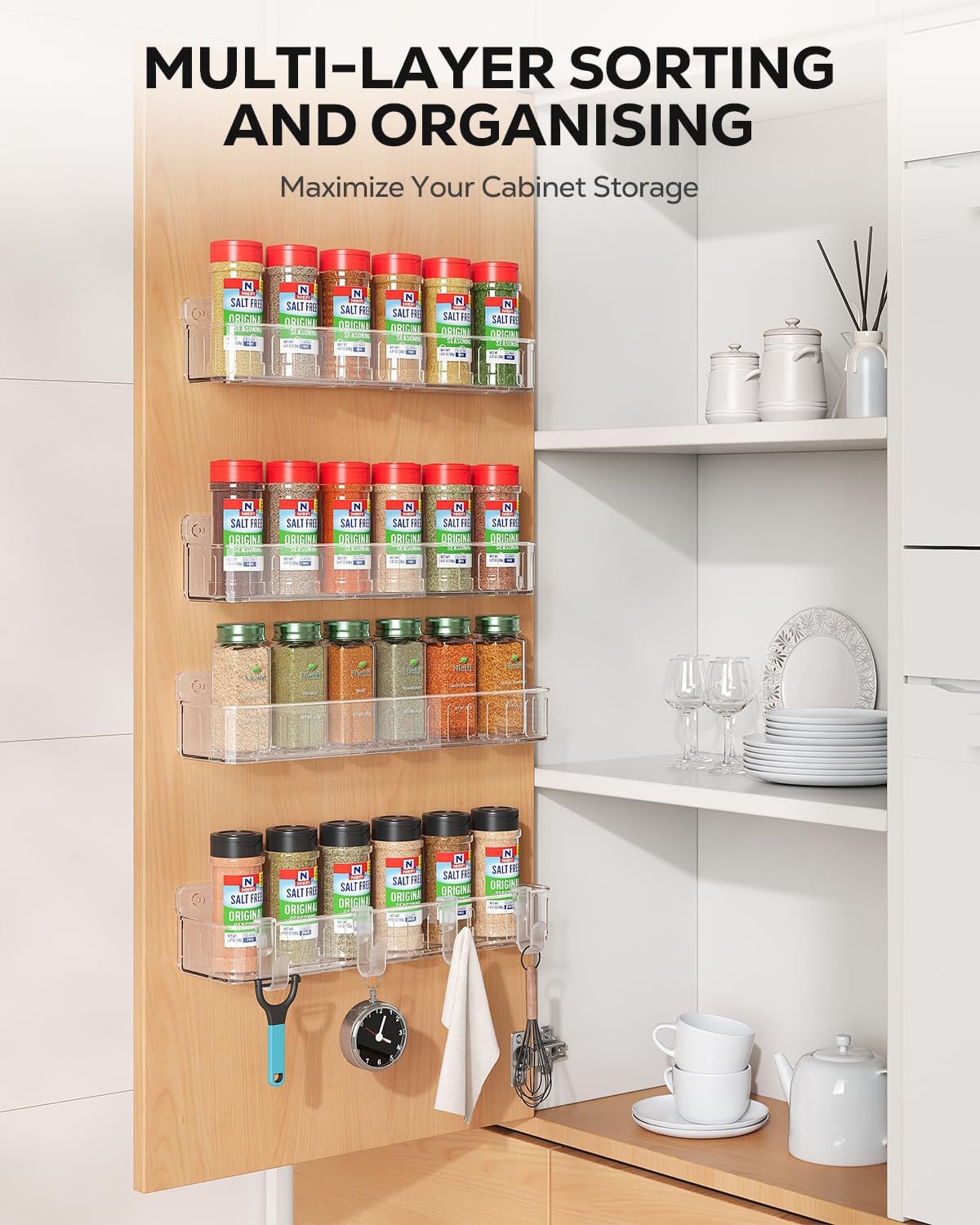 Spice Rack Wall Mount, 4 Pack, Clear, 2 Inch Wide, Screw or Adhesive Installation, Spice Rack Organizer for Small