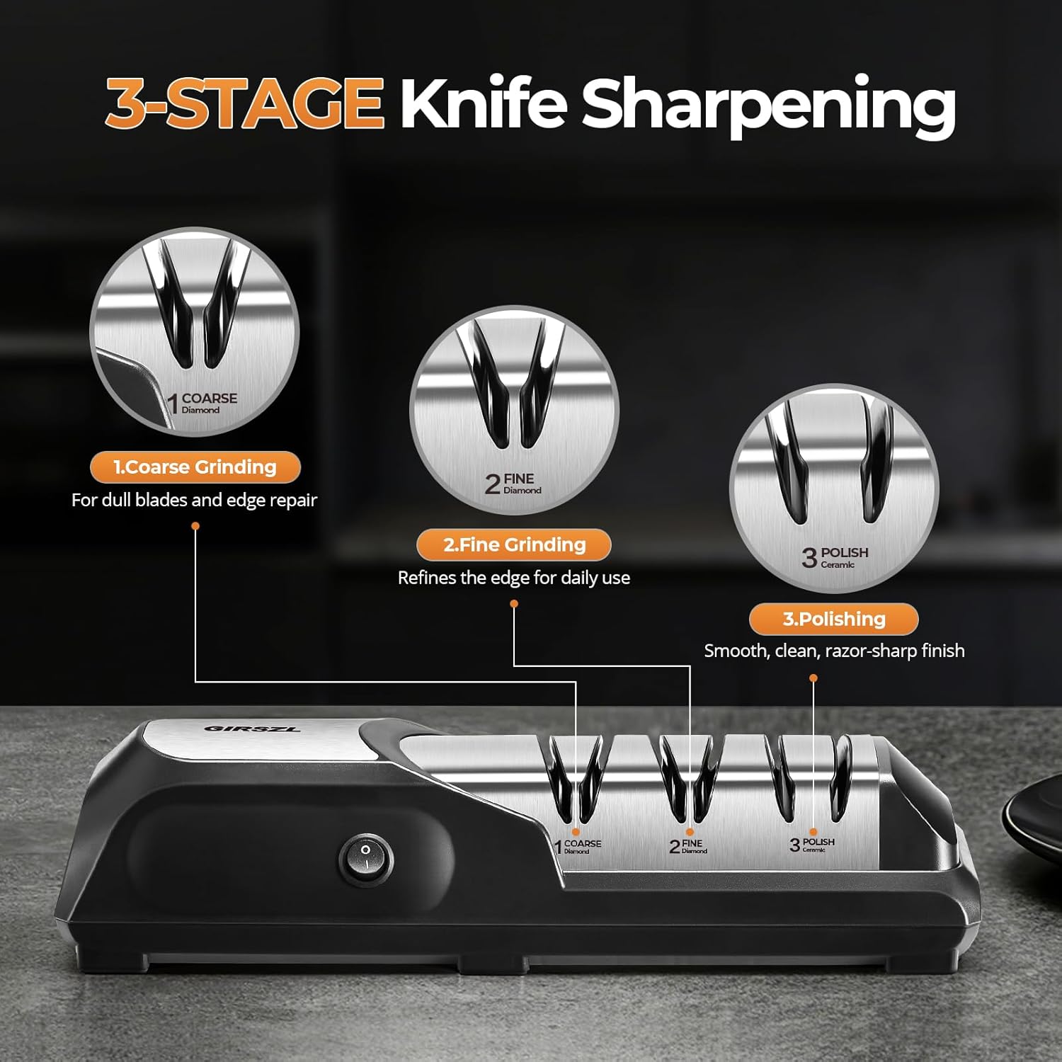 Kitchen Professional Electric Knife Sharpener: 3-Stage 100% Diamond Abrasives Knife Sharpeners with 15° Precision