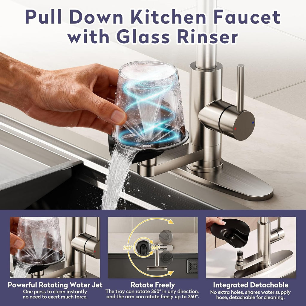 Brushed Nickel Kitchen Faucet with Pull Down Sprayer & Cup Washer