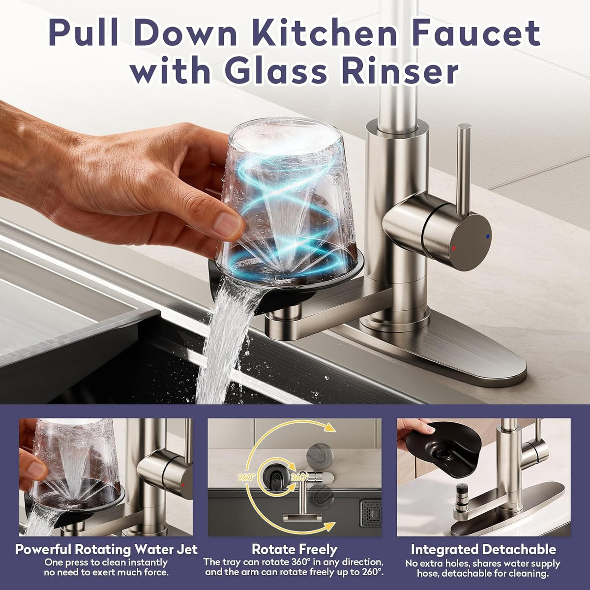 Brushed Nickel Kitchen Faucet with Pull Down Sprayer & Cup Washer