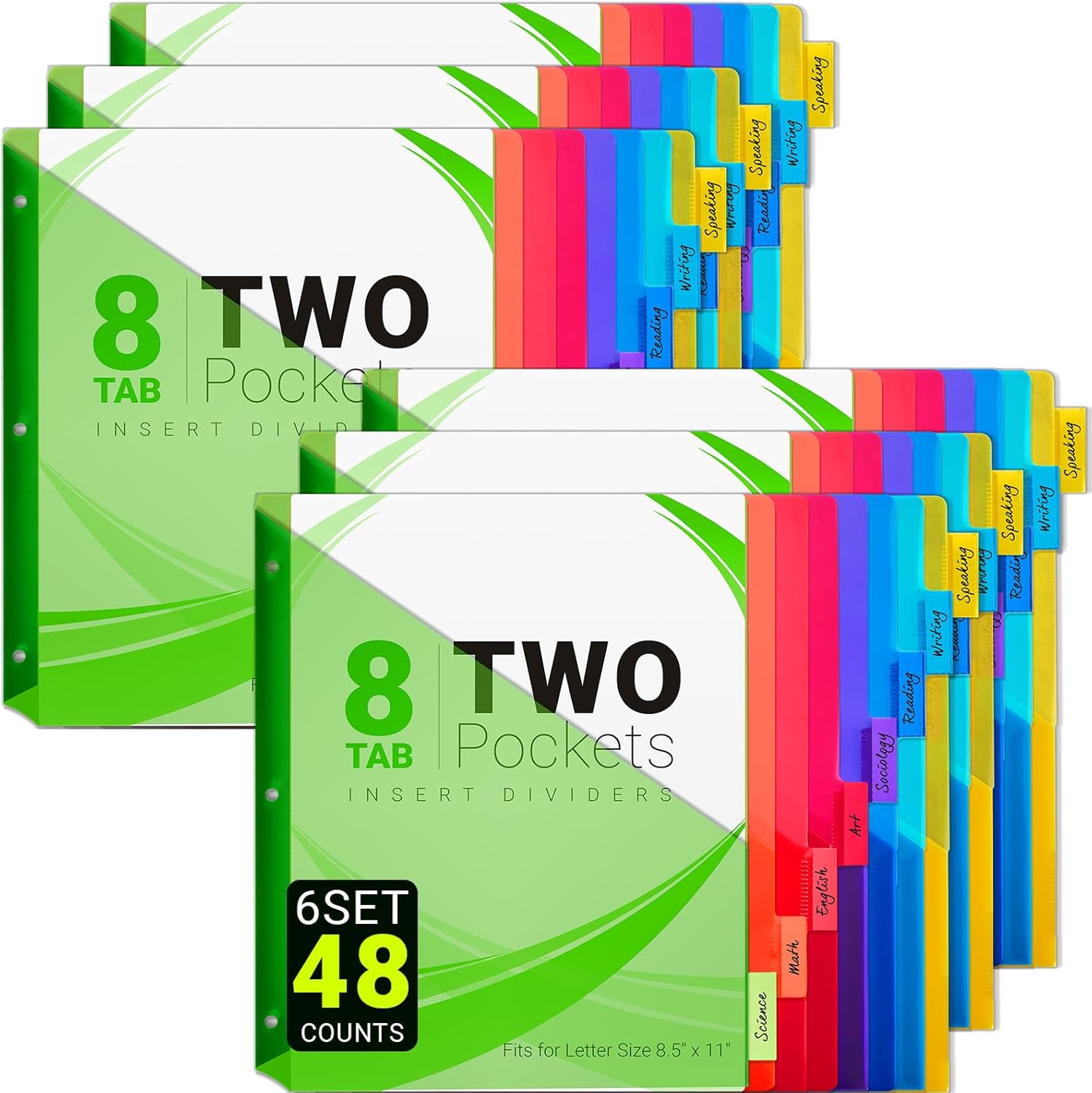 8-Tab Dividers for 3-Ring Binders, 48 Counts 3 Holes Index Dividers with 2 Pockets, Insertable 8 Tabs Binder Divider