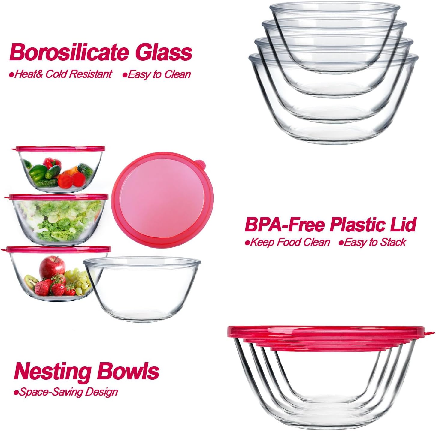 4 Pack Glass Mixing Bowls Set with Lids (4.8QT, 2.9QT, 1.7QT, 0.8QT), Glass Nesting Bowls for Kitchen Baking, Cooking