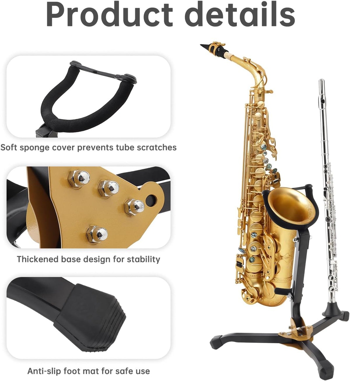 Alto/Tenor Sax Stand w Clarinet/Flute Peg, Foldable Stand w Sponge Pad | Rust-resistant metal base prevents tipping.