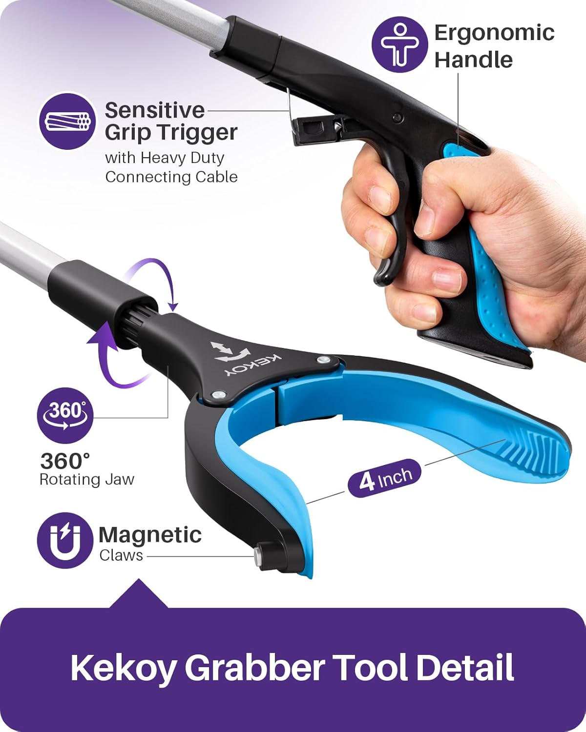 36inch Grabber Reacher Tool for Seniors, Foldable Reacher Grabbers Pickup Stick with Anti-Slip 360° Rotating Jaw, 4"