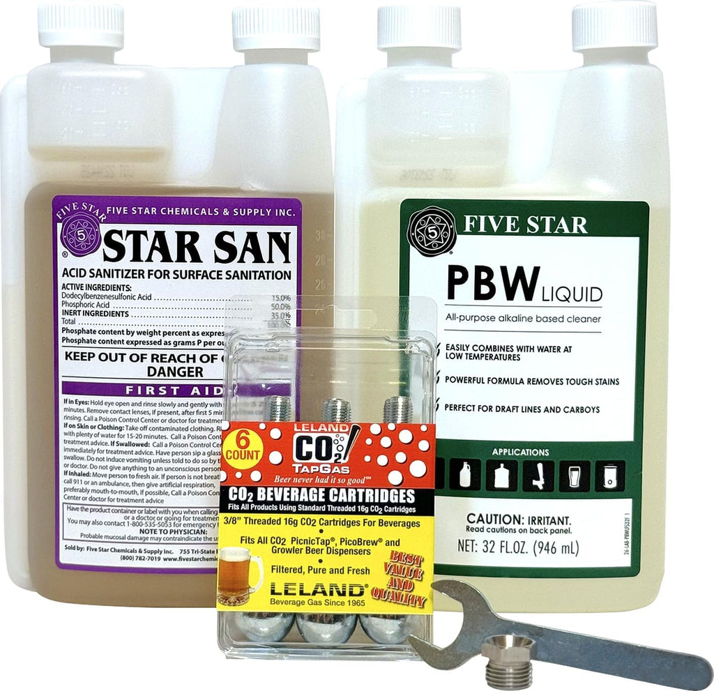 Cleaning kit with: PBW Cleaner 32oz, Star San No Rinse Food Grade Brewing Sanitizer 32oz, 6 Pack of 16g CO2