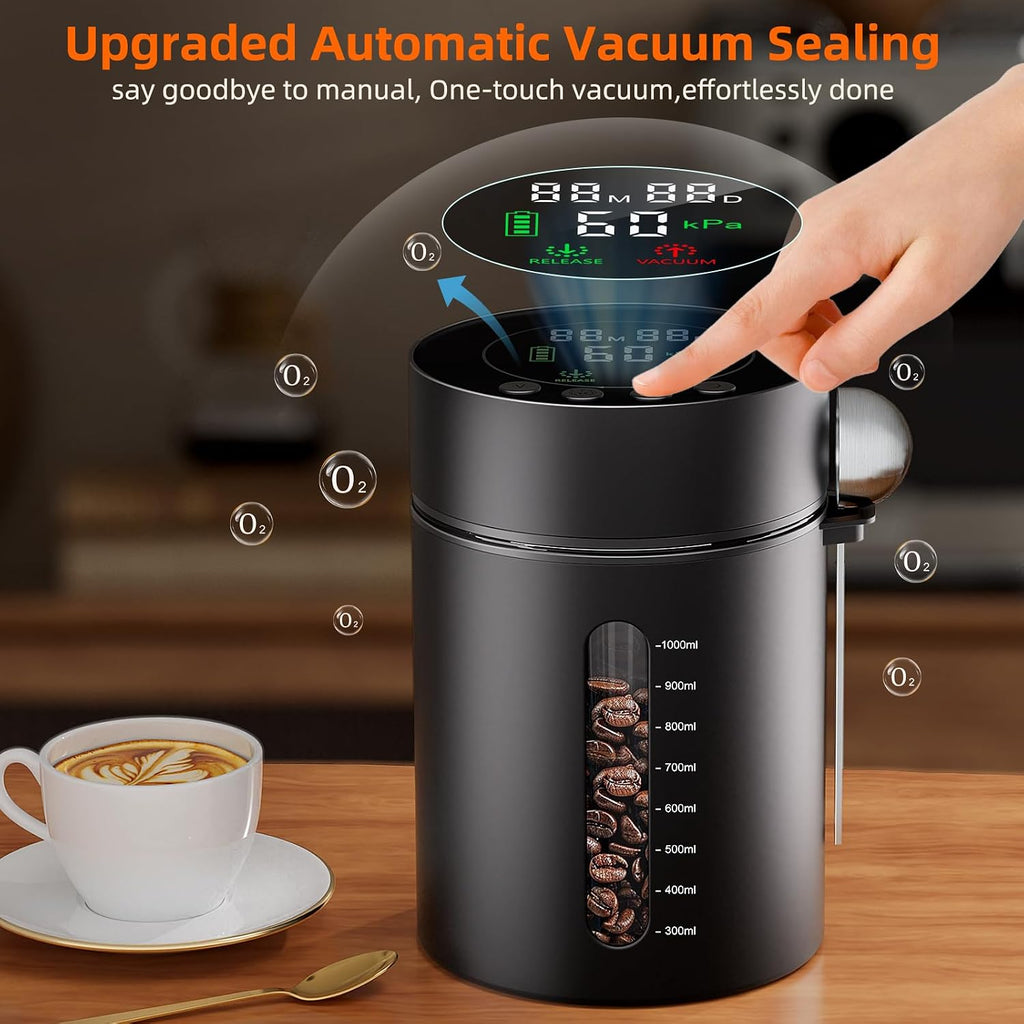Automatic Vacuum Coffee Canister, 1.3L Coffee Container with LED Display | Smart Pressure Sensor,Window,Scoop