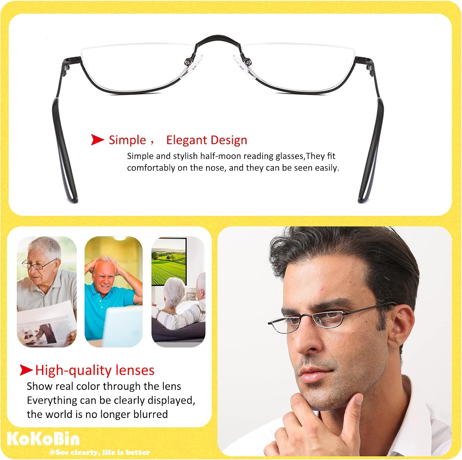 Half Reading Glasses 2 Pairs Metal Frame 2.50 | Half Rim Glasses Spring Hinge Readers with Leather Pouch for Men and