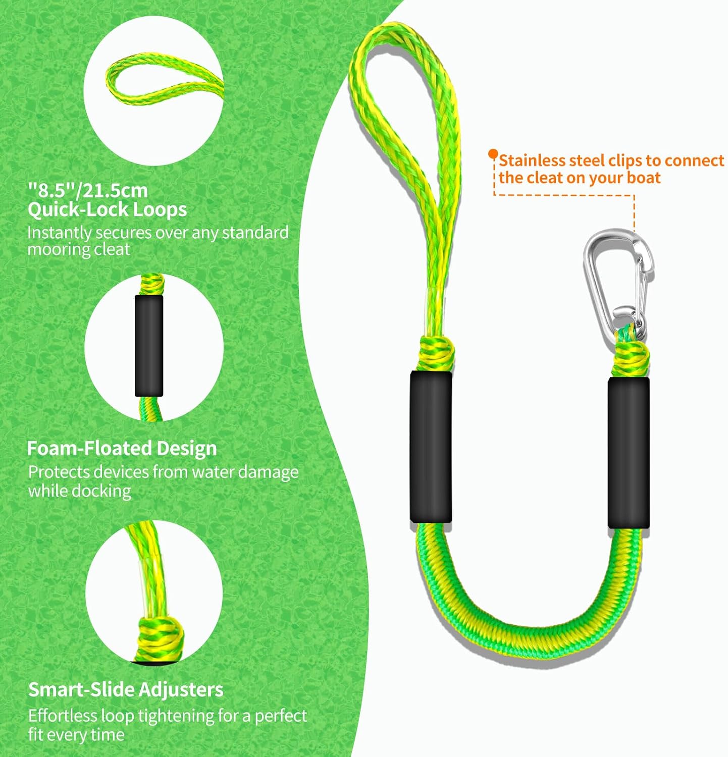 Bungee Dock Lines for Boats 2FT, Boat Tie Downs for Dock with Hooks, Elastic Dock Ties for Small Boat Jet Ski Kayak